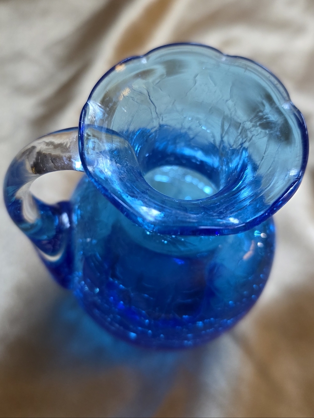 Small Vintage Hand-Blown Cobalt Blue Crackle Glass Pitcher Vase - Picture 2 of 10